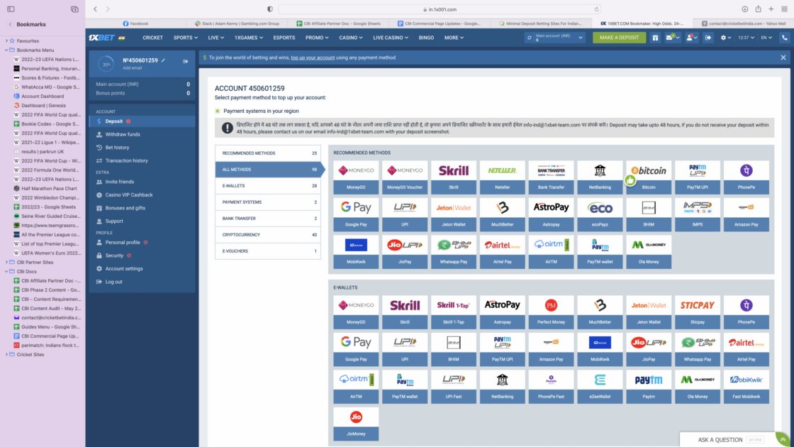 1xBet betting website payment options