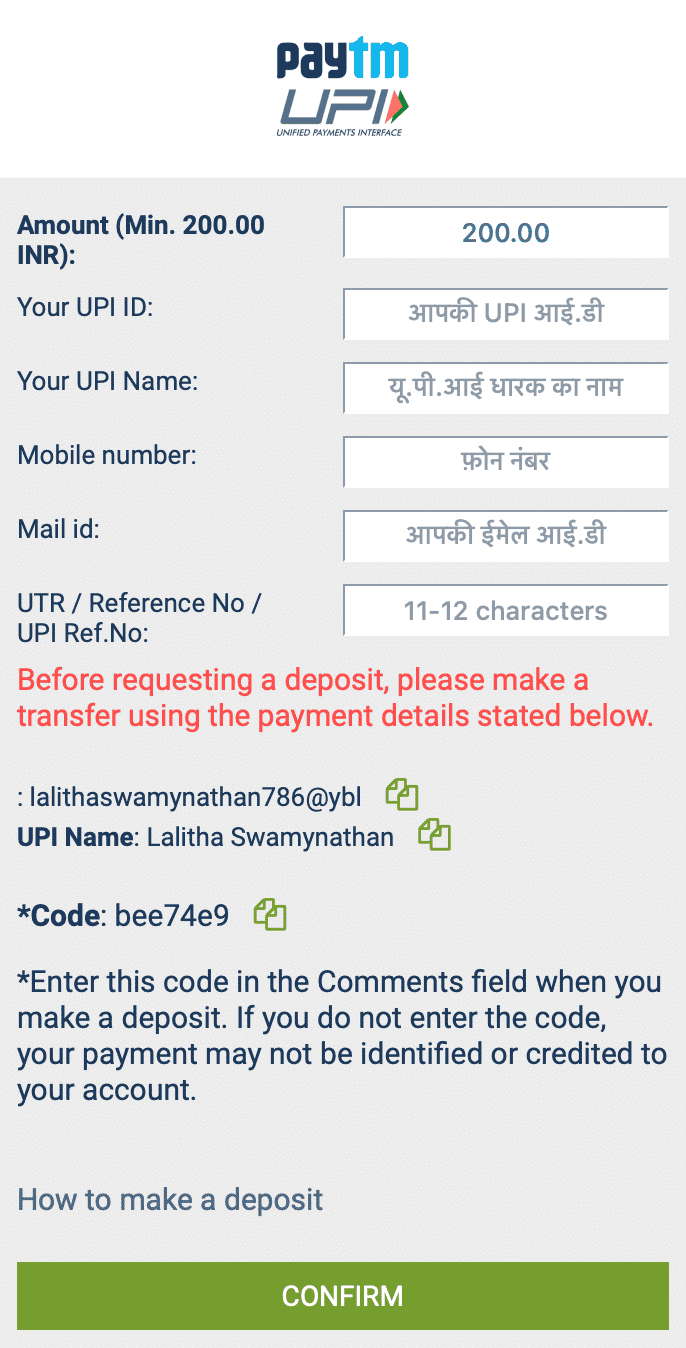 Depositing with Paytm and UPI