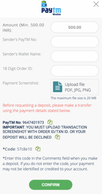 22Bet paytm wallet screenshot.