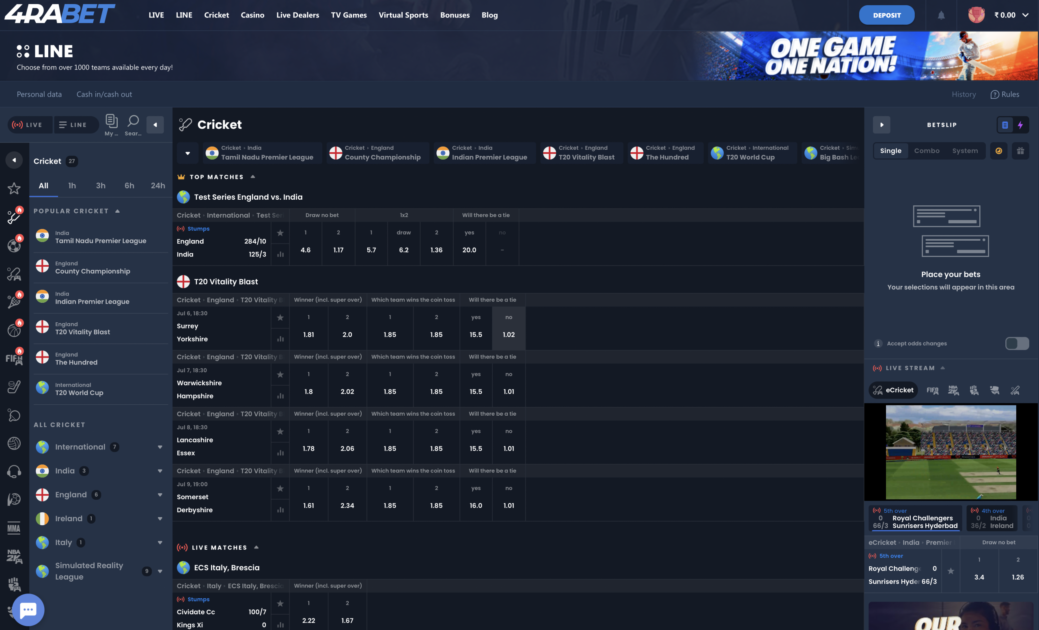 4raBet cricket betting market screenshot