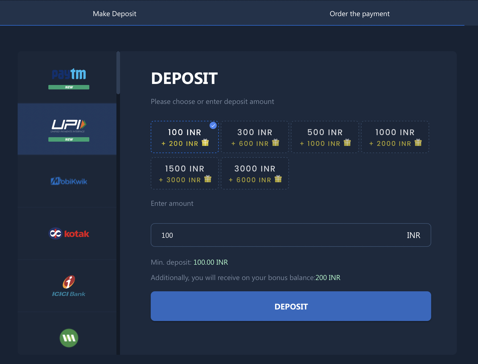 A screen shot of the 4raBet deposit options page