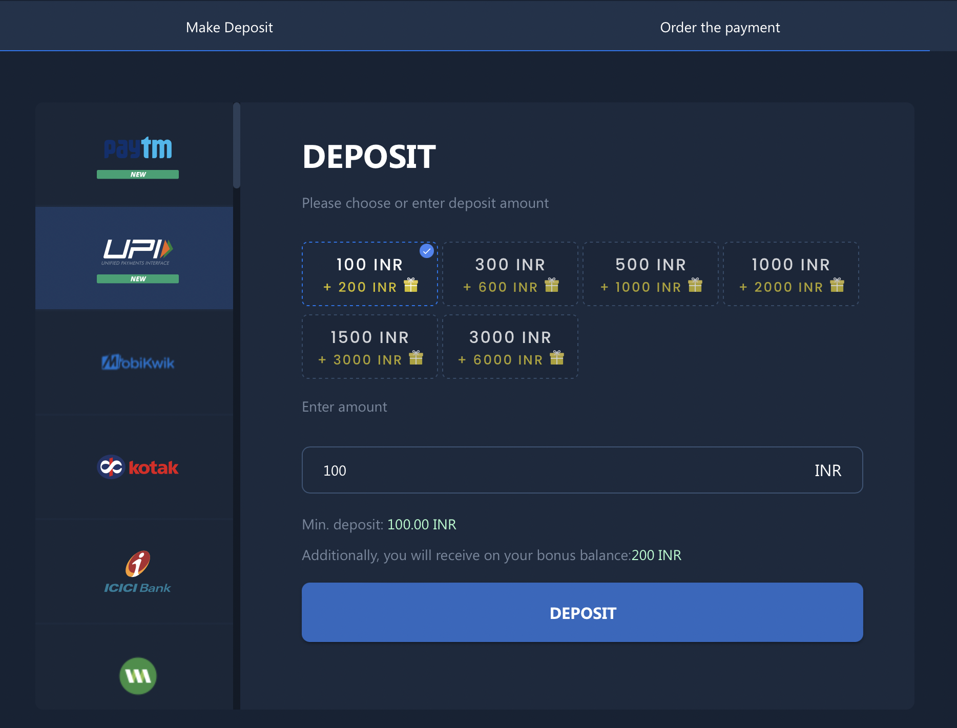 Deposit page on the 4rabet website