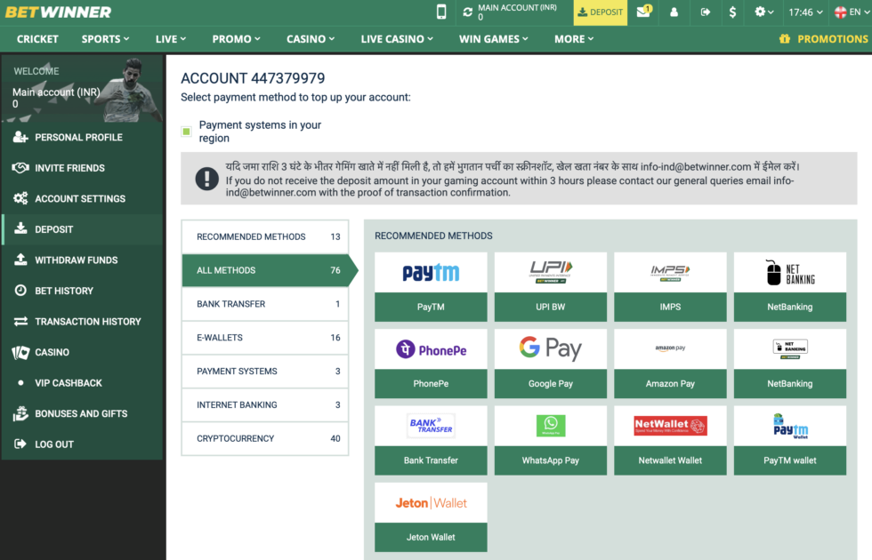 BetWinner website sreenshot showing payment options for Indian bettors