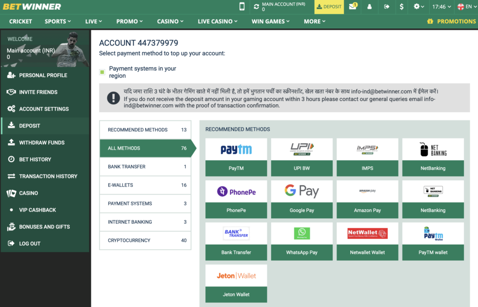 BetWinner payment options screenshot.