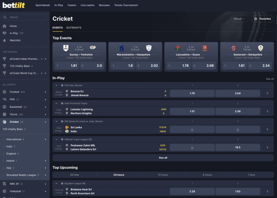 bettilt cricket betting market screenshot