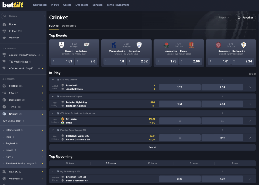 BetTilt website, cricket betting page