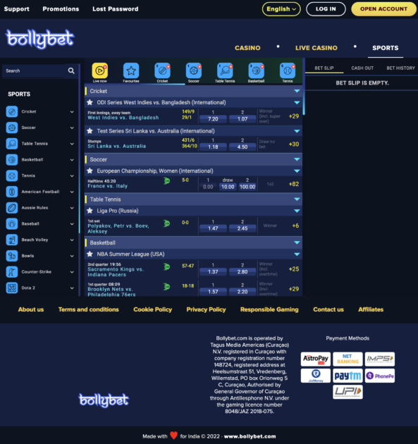 Bollybet betting homepage.