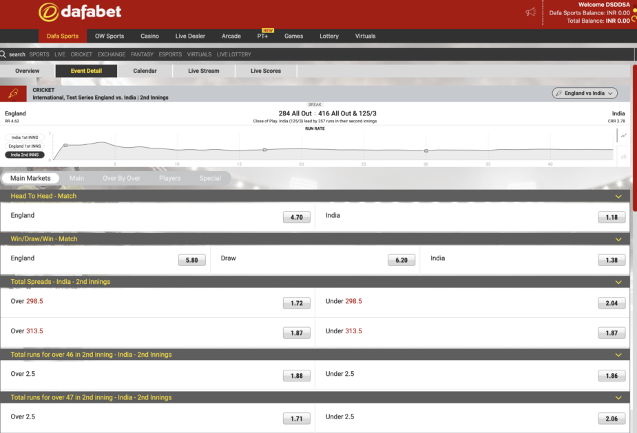  A screen shot of the dafabet cricket betting page on their website