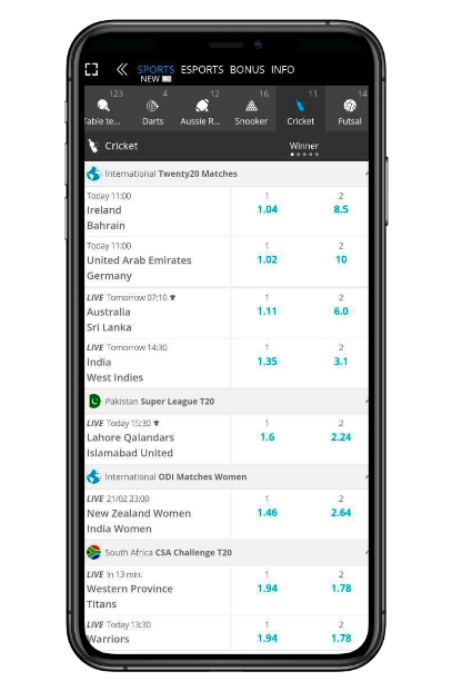 A cricket betting app displayed on a smartphone