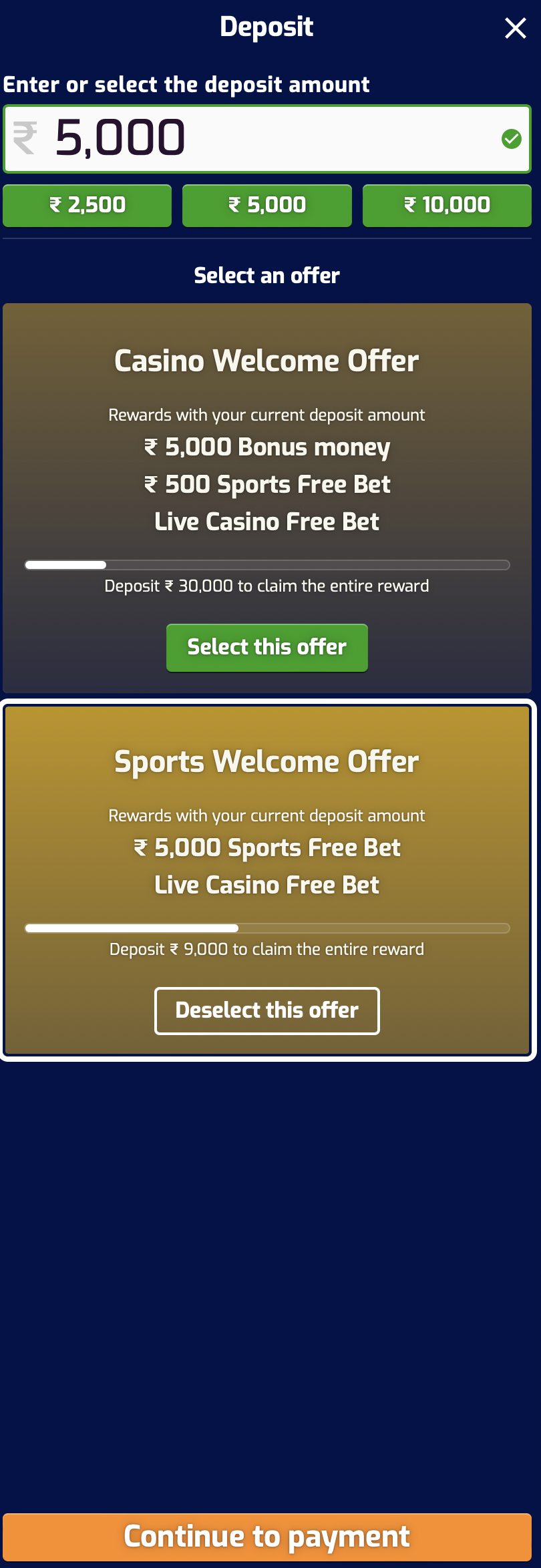 Pure Win deposit page on website