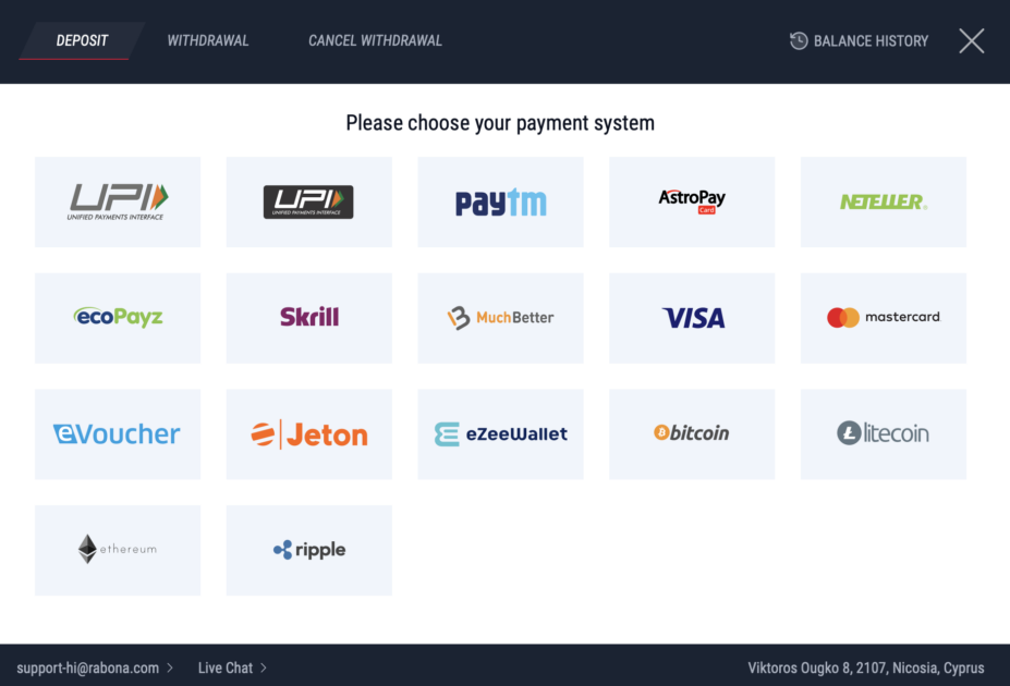 Screenshot of the payment options displayed on the Rabona website