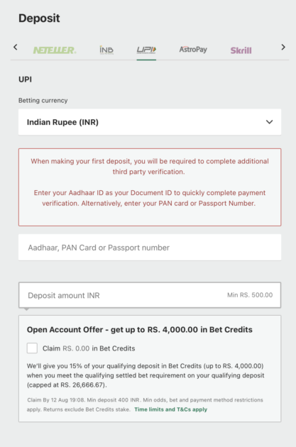 bet365 UPI deposit page.