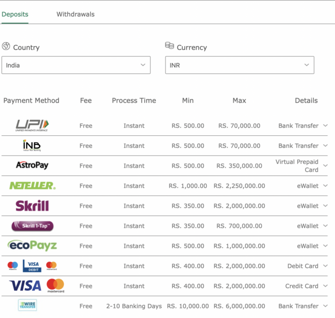 Screenshot of a website showing popular payment methods