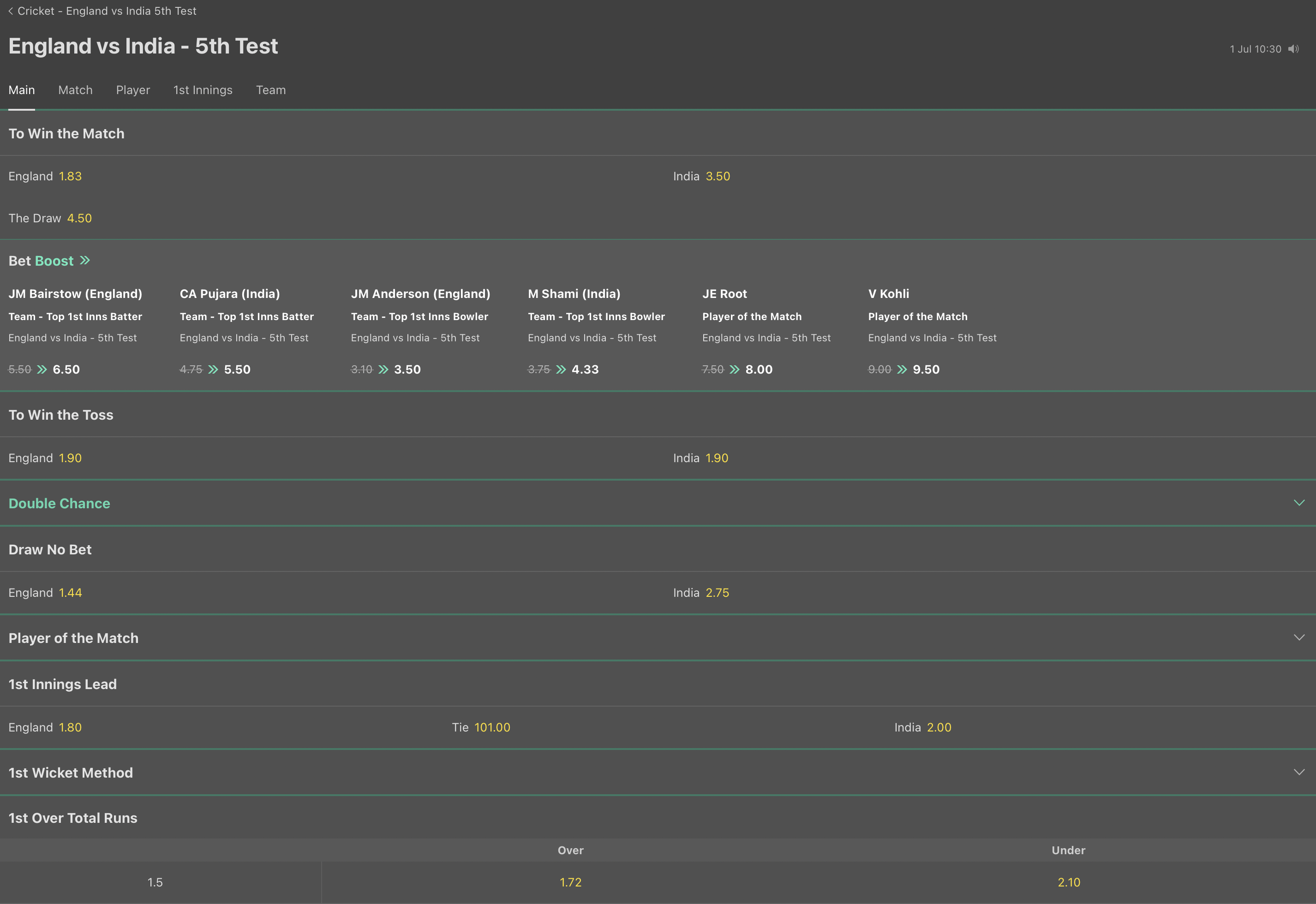 screen shot of some cricket betting options on bet365 website