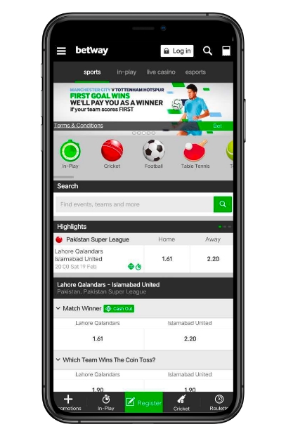 Betway mobile betting app on a smart phone