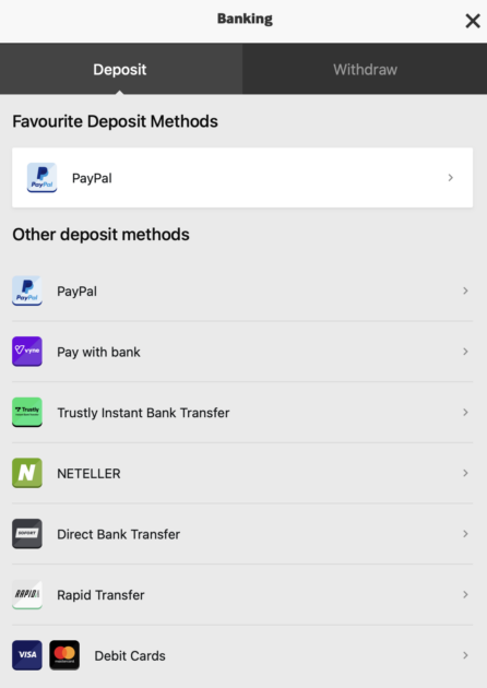 Screenshot of the payment options on the Betway betting website