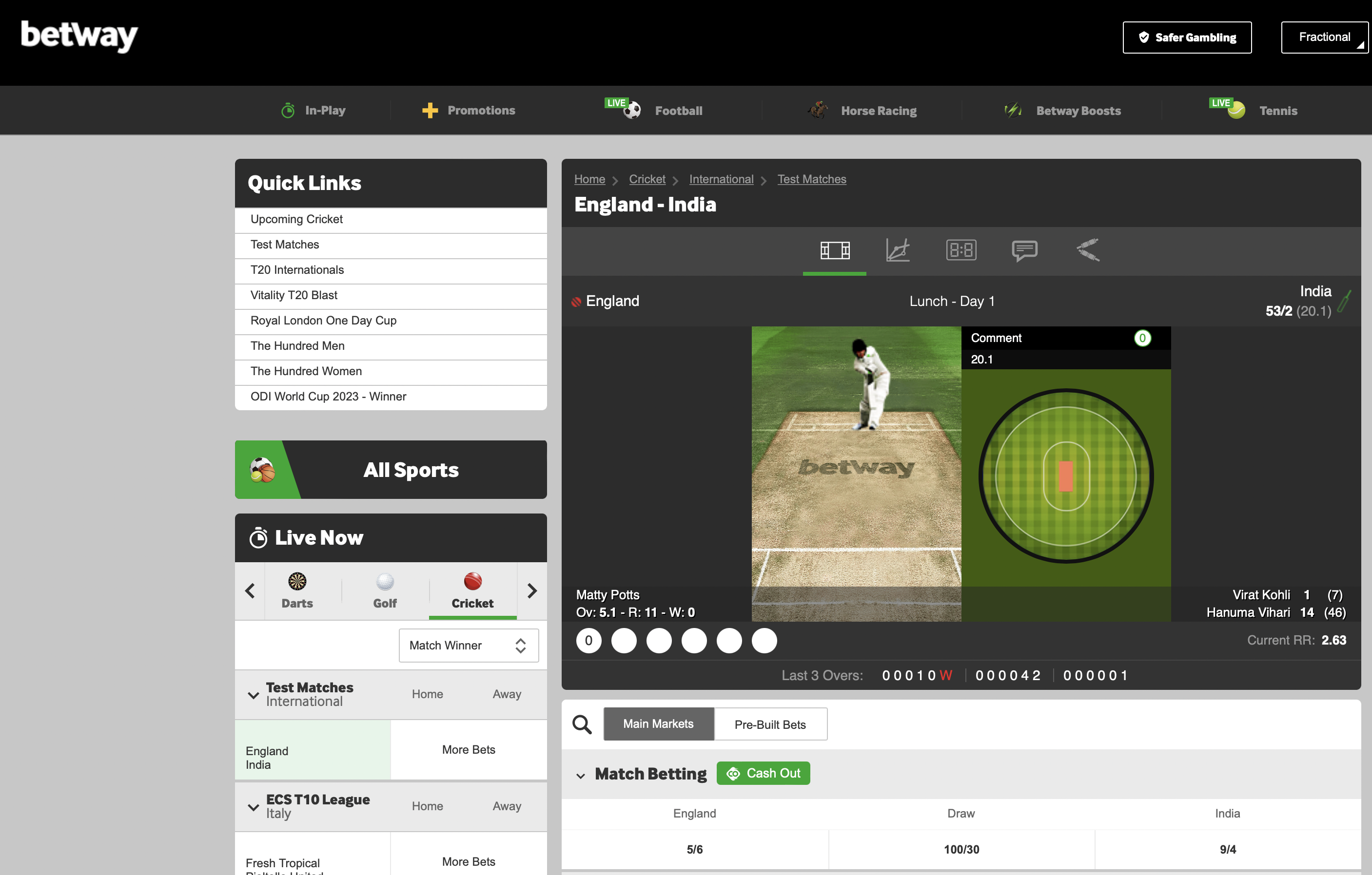 screen shot of the Betway cricket betting screen