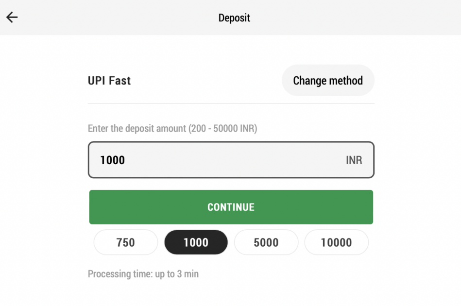 The deposit screen on parimatch mobile website