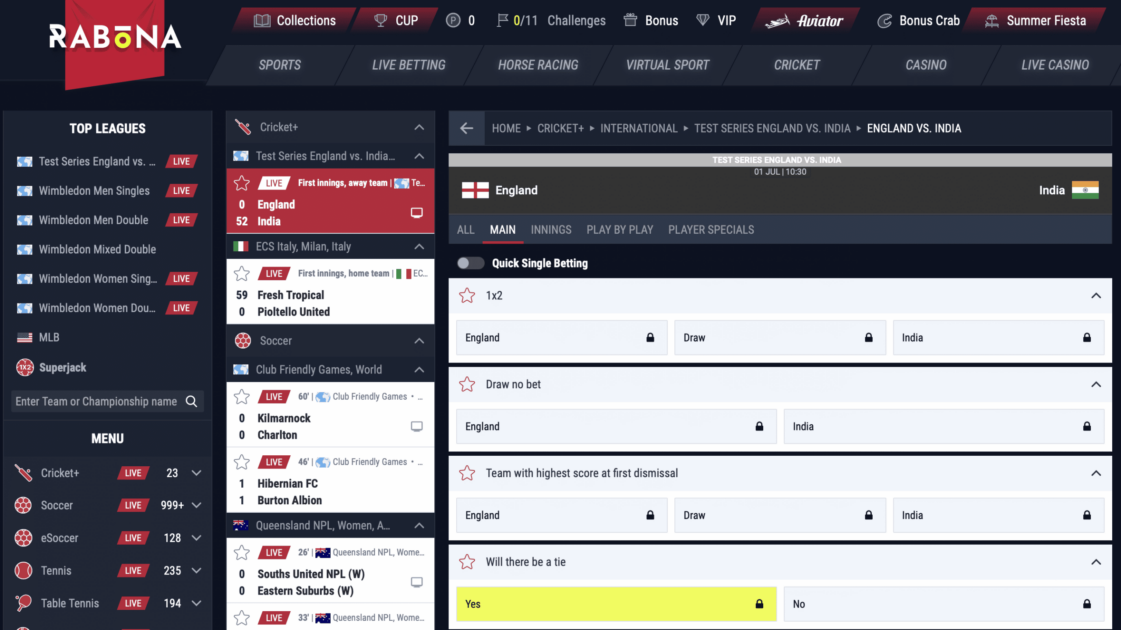 A screen shot of the Rabona website showing cricket betting options