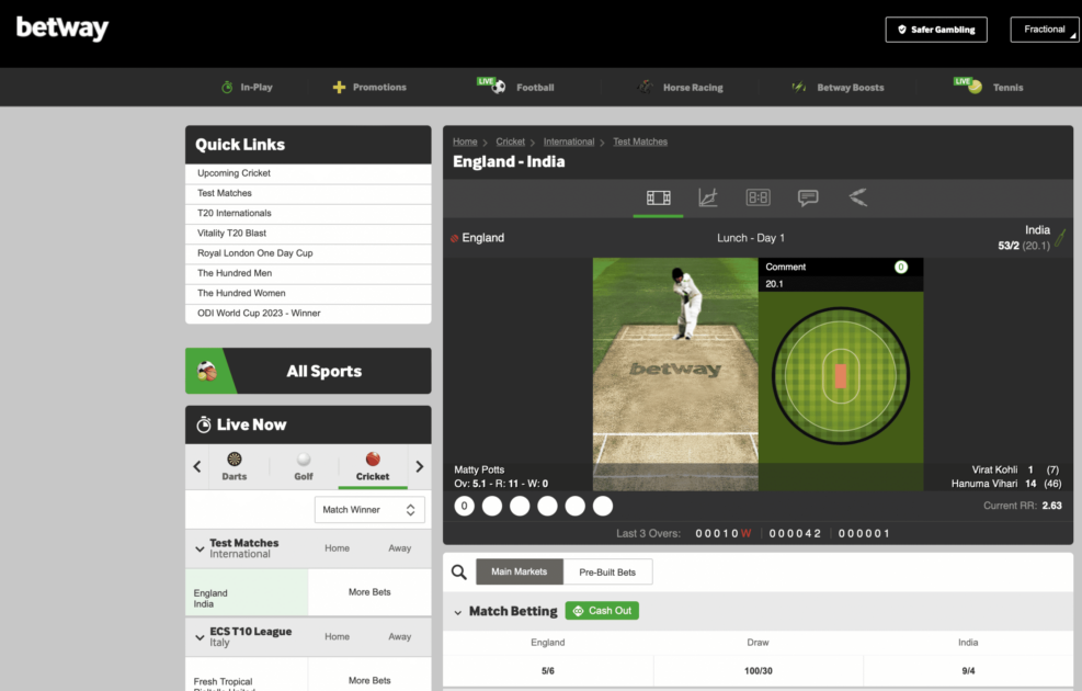 A screen shot of the Betway website showing cricket betting opportunities